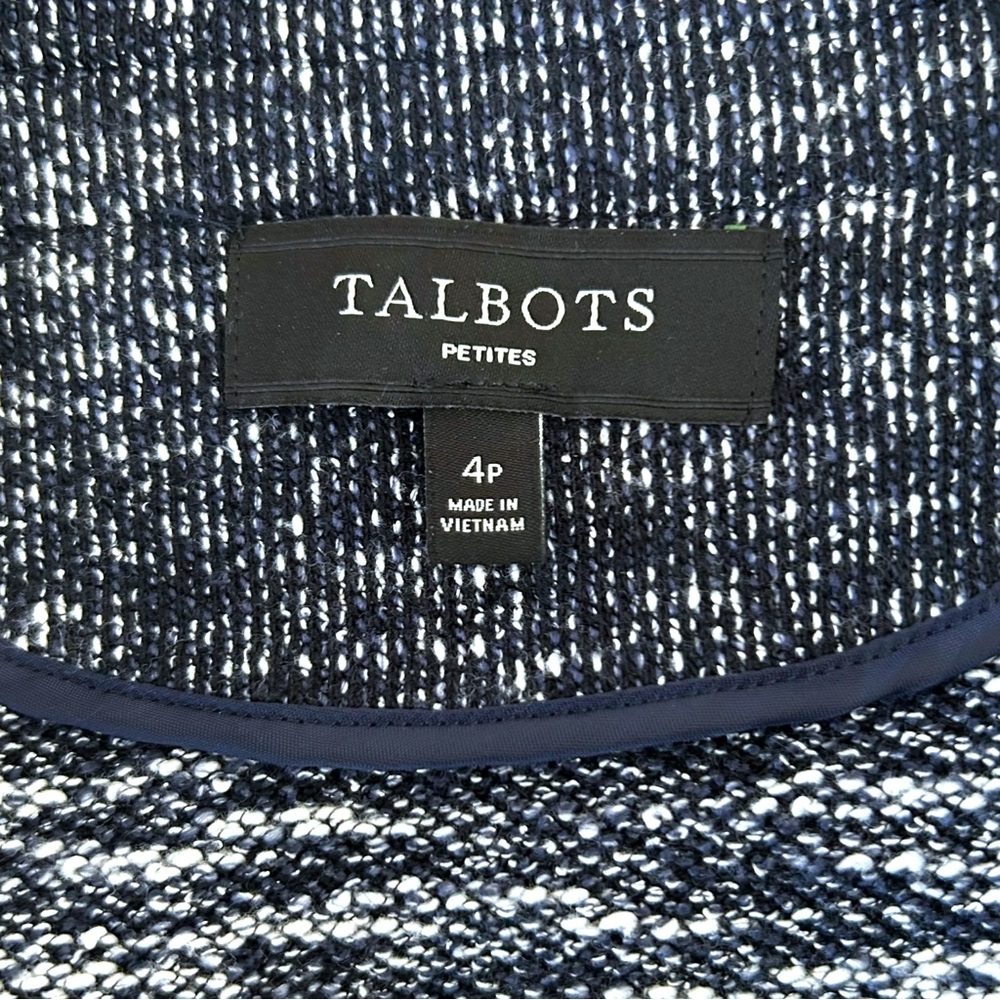 4/$20 Talbots Petites Tweed Knit Jacket Navy Zip Front Braided Trim Blazer 4P - Picture 5 of 6